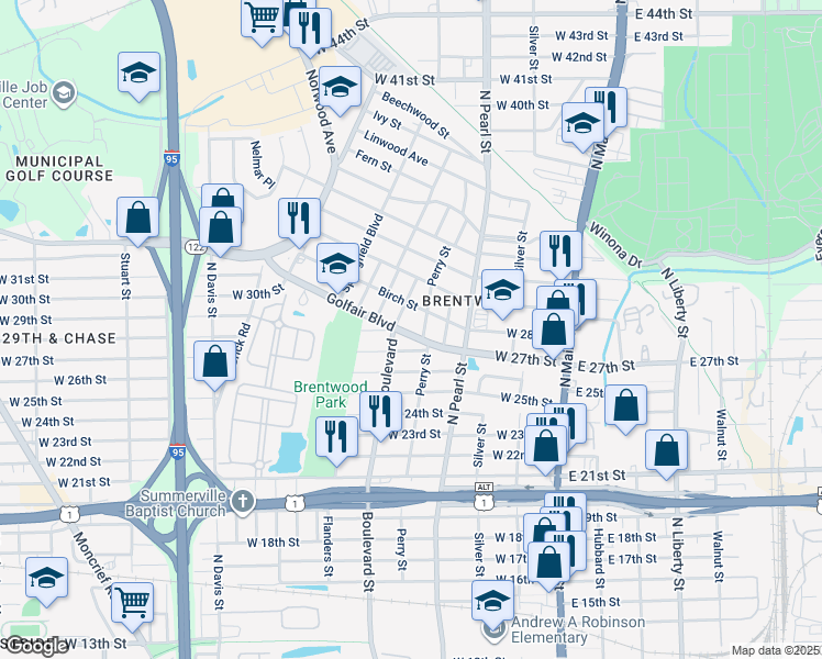 map of restaurants, bars, coffee shops, grocery stores, and more near 432 Golfair Boulevard in Jacksonville