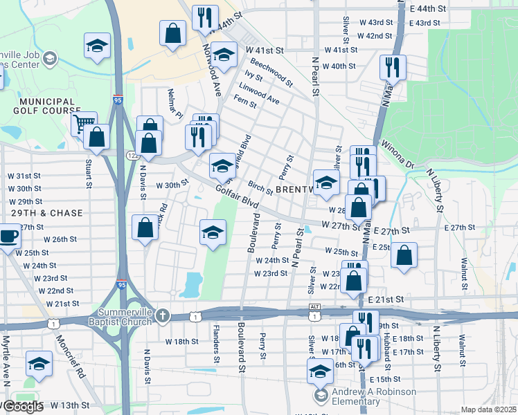 map of restaurants, bars, coffee shops, grocery stores, and more near 432 Golfair Boulevard in Jacksonville
