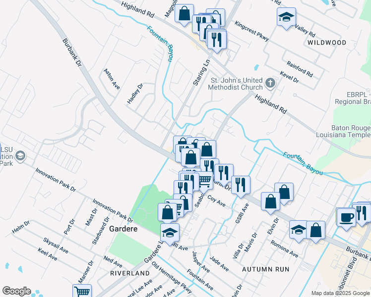 map of restaurants, bars, coffee shops, grocery stores, and more near 9323 Burbank Drive in Baton Rouge