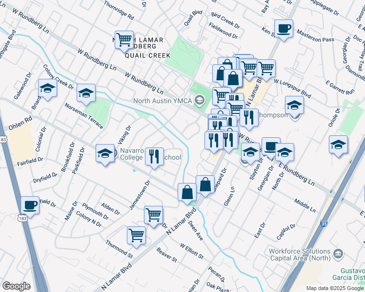 map of restaurants, bars, coffee shops, grocery stores, and more near 9101A Little Walnut Parkway in Austin