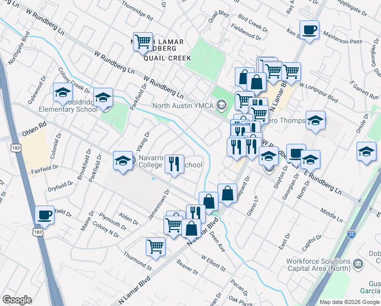 map of restaurants, bars, coffee shops, grocery stores, and more near 9011 Quail Creek Drive in Austin