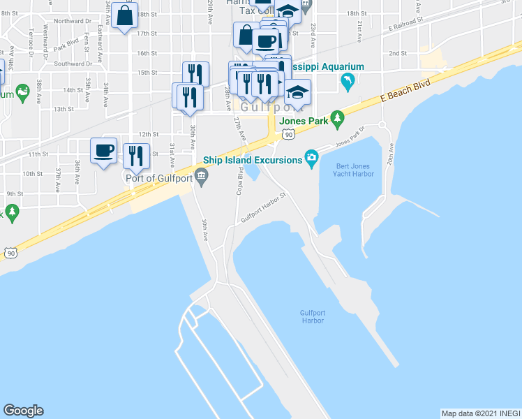 map of restaurants, bars, coffee shops, grocery stores, and more near Gulfport Harbor Street in Gulfport