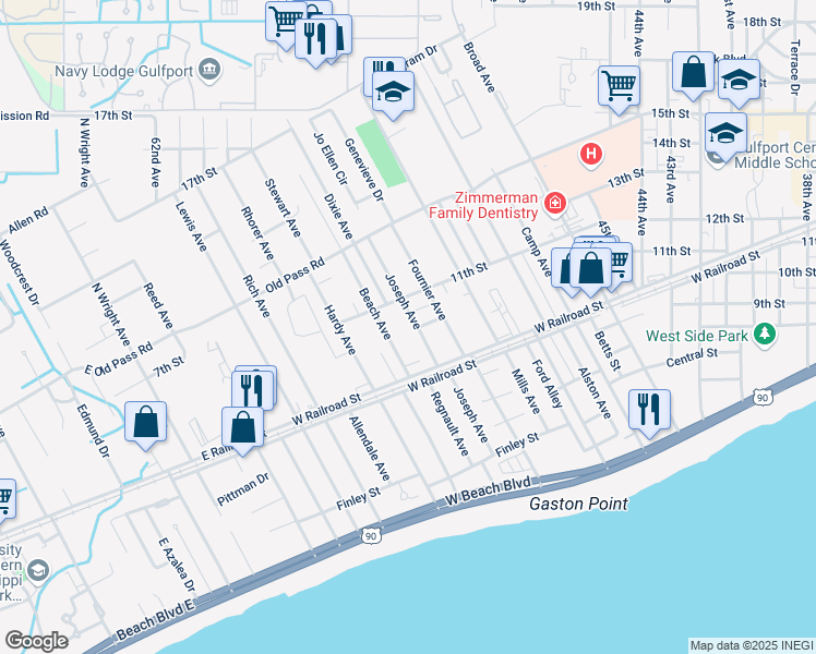 map of restaurants, bars, coffee shops, grocery stores, and more near 1021 Joseph Avenue in Gulfport