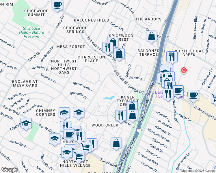map of restaurants, bars, coffee shops, grocery stores, and more near 7630 Wood Hollow Drive in Austin