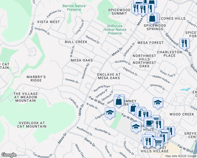 map of restaurants, bars, coffee shops, grocery stores, and more near 7209 Mesa Drive in Austin