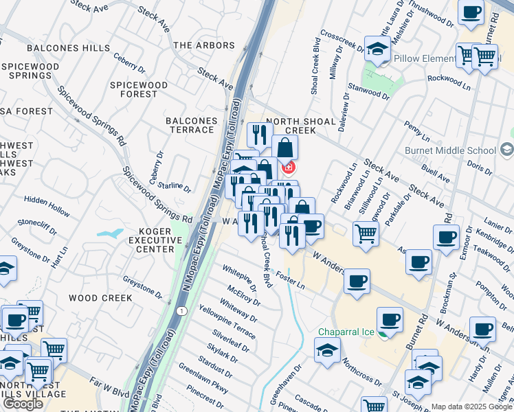 map of restaurants, bars, coffee shops, grocery stores, and more near 3200 West Anderson Lane in Austin
