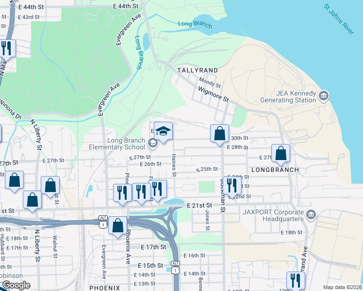 map of restaurants, bars, coffee shops, grocery stores, and more near 1441 East 27th Street in Jacksonville