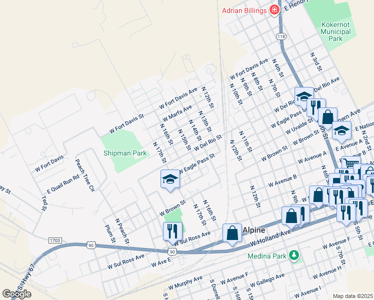 map of restaurants, bars, coffee shops, grocery stores, and more near 1109 W Del Rio Ave in Alpine