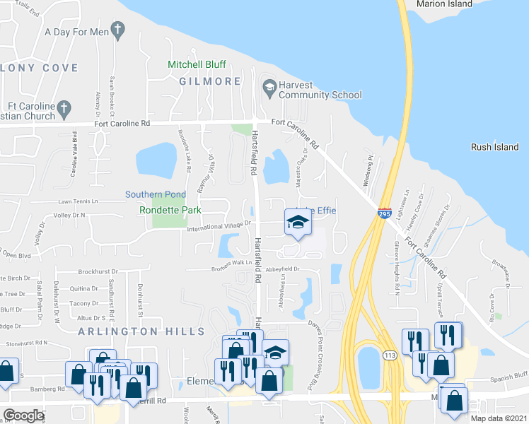 map of restaurants, bars, coffee shops, grocery stores, and more near 3428 World Court in Jacksonville
