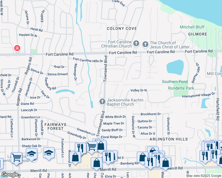 map of restaurants, bars, coffee shops, grocery stores, and more near 3401 Townsend Boulevard in Jacksonville