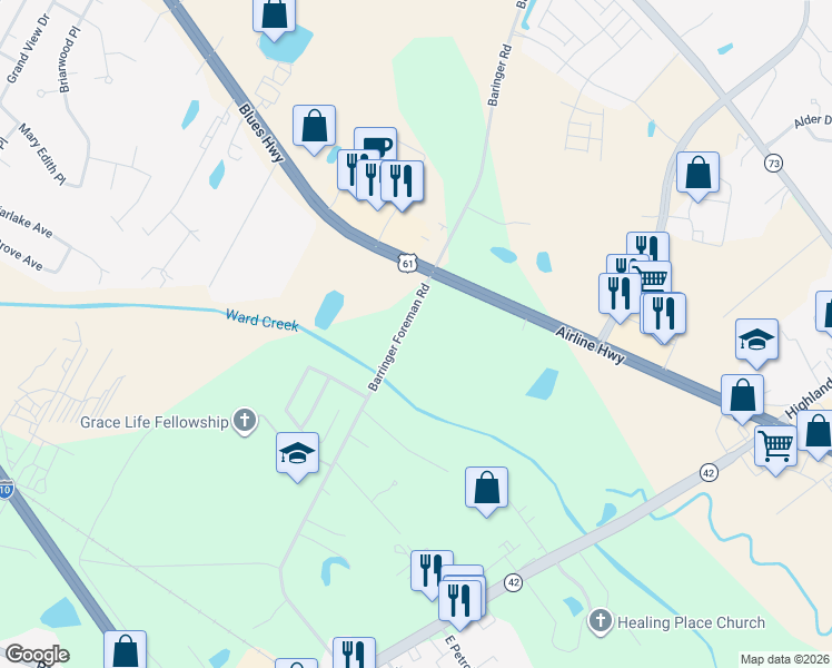 map of restaurants, bars, coffee shops, grocery stores, and more near 9765 Barringer Foreman Road in Baton Rouge