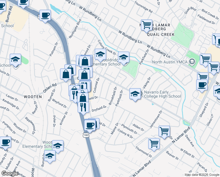 map of restaurants, bars, coffee shops, grocery stores, and more near 8801 Redfield Lane in Austin