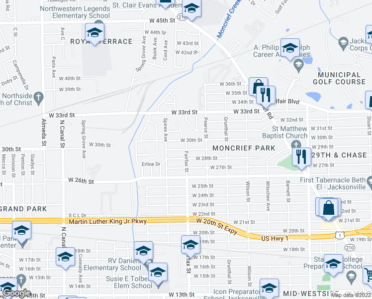 map of restaurants, bars, coffee shops, grocery stores, and more near Fairfax St & W 29th St in Jacksonville