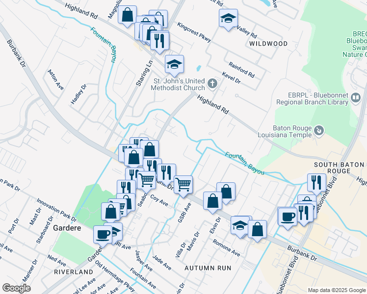 map of restaurants, bars, coffee shops, grocery stores, and more near 630 Spring Cove Drive in Baton Rouge