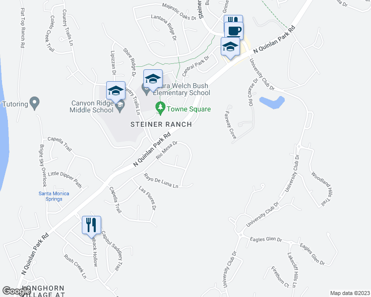 map of restaurants, bars, coffee shops, grocery stores, and more near 2601 Rio Mesa Drive in Austin