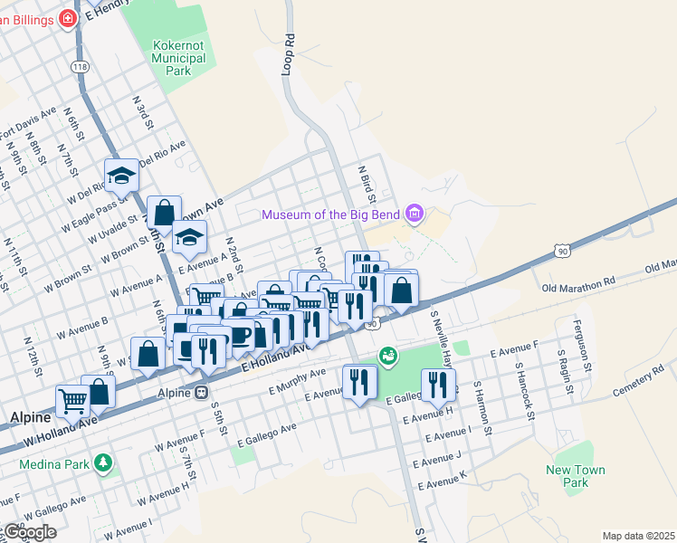map of restaurants, bars, coffee shops, grocery stores, and more near 800-898 East Sul Ross Avenue in Alpine