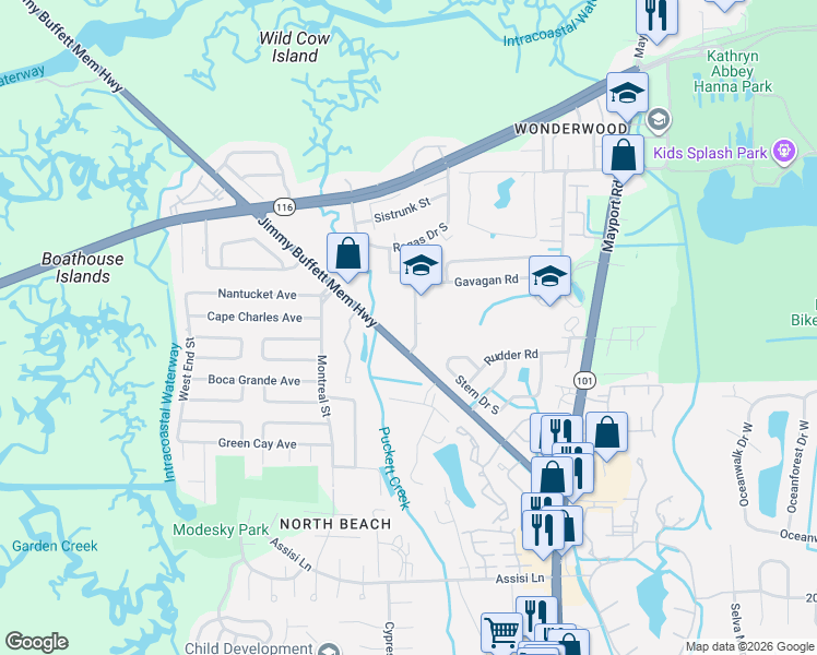 map of restaurants, bars, coffee shops, grocery stores, and more near 2600 Mayport Road in Jacksonville