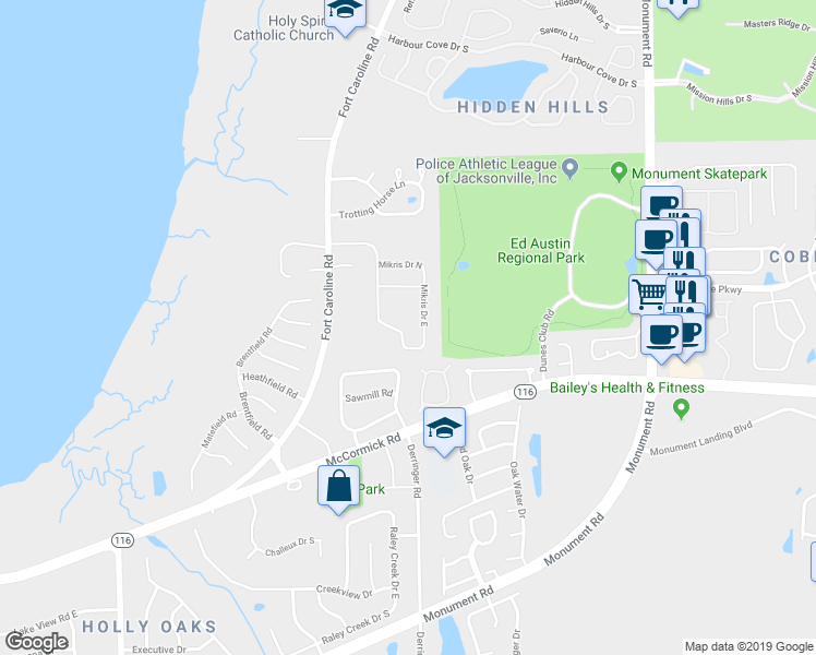 map of restaurants, bars, coffee shops, grocery stores, and more near 11190 Mikris Drive South in Jacksonville