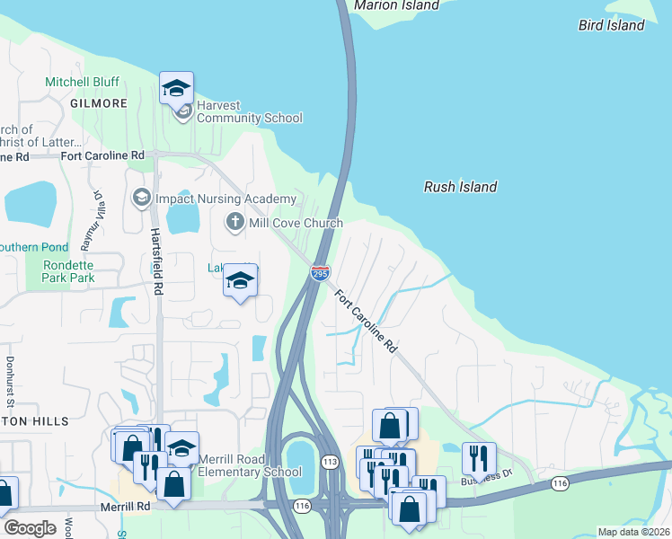 map of restaurants, bars, coffee shops, grocery stores, and more near 9009 Fort Caroline Road in Jacksonville