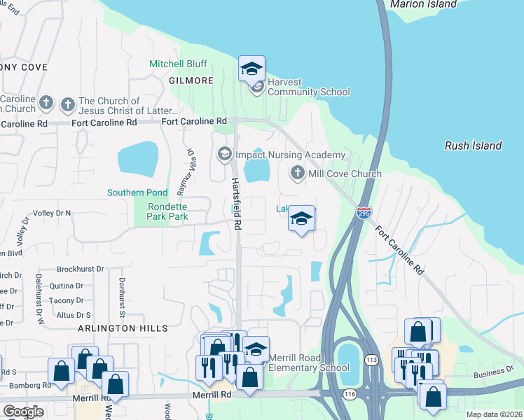 map of restaurants, bars, coffee shops, grocery stores, and more near 8238 International Village Drive in Jacksonville