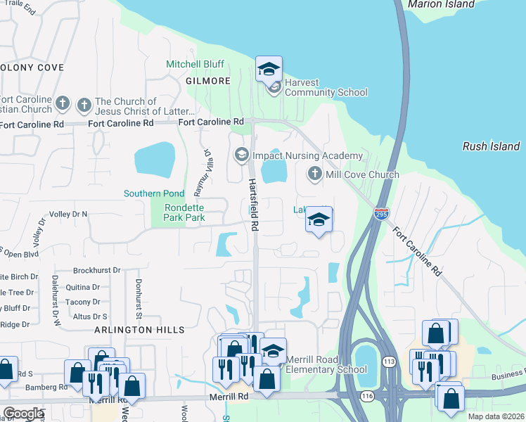map of restaurants, bars, coffee shops, grocery stores, and more near 3435 Charmont Drive in Jacksonville