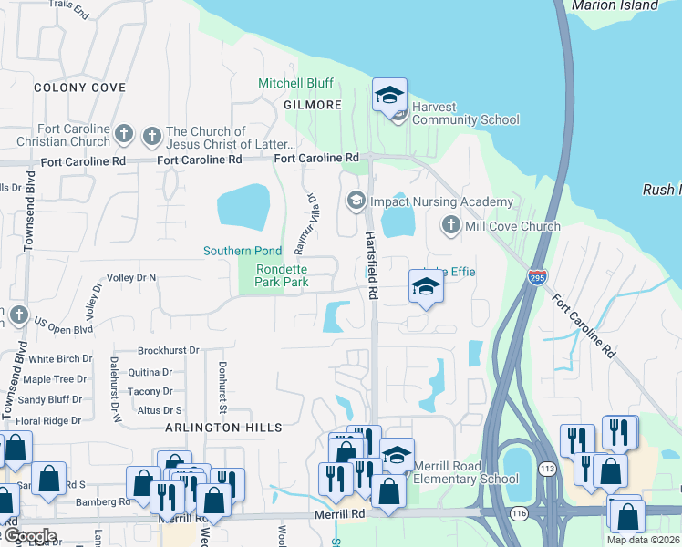 map of restaurants, bars, coffee shops, grocery stores, and more near 8071 International Village Drive in Jacksonville