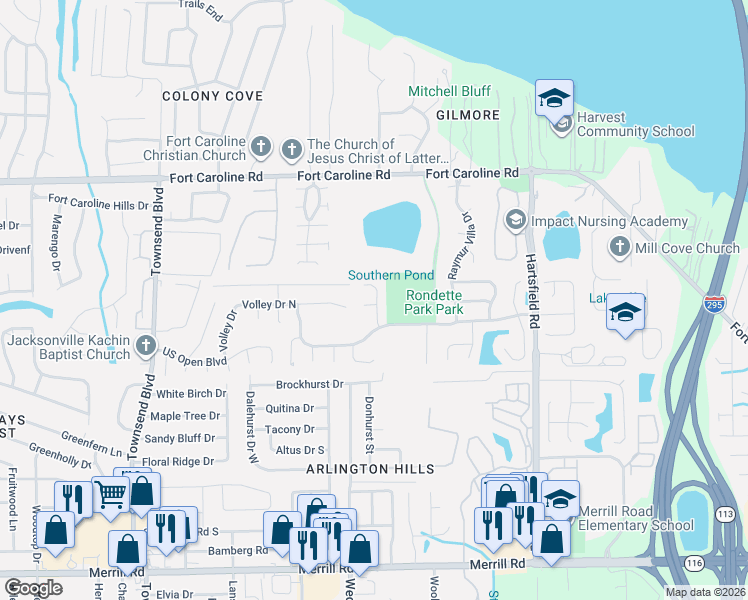 map of restaurants, bars, coffee shops, grocery stores, and more near 7518 Advantage Court in Jacksonville