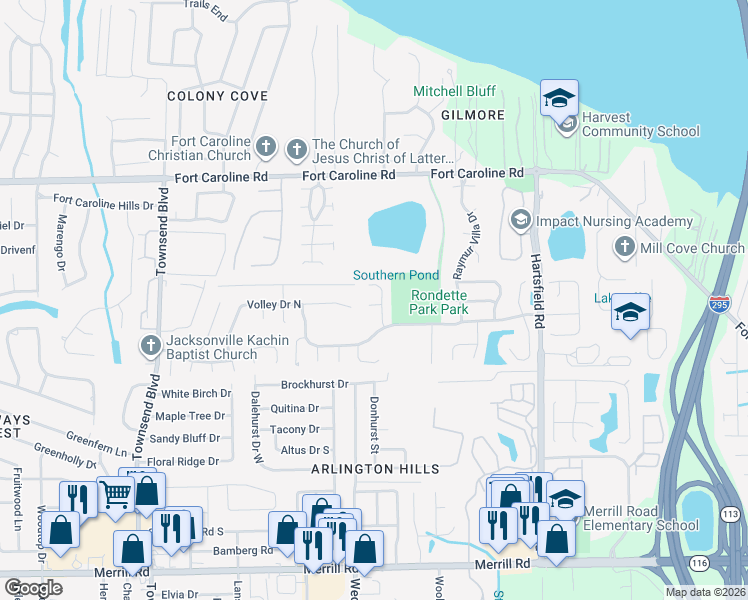 map of restaurants, bars, coffee shops, grocery stores, and more near 7518 Advantage Court in Jacksonville