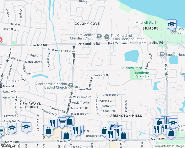 map of restaurants, bars, coffee shops, grocery stores, and more near 3427 Net Court in Jacksonville
