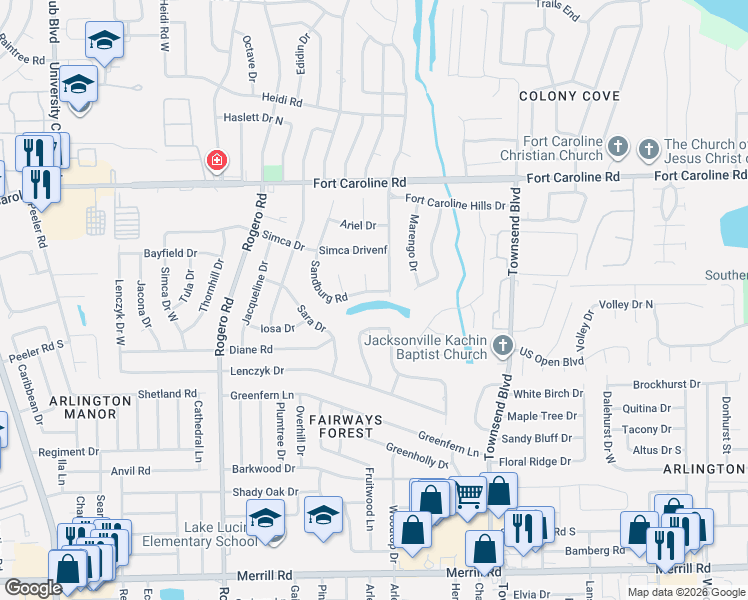 map of restaurants, bars, coffee shops, grocery stores, and more near 3416 Debussy Road in Jacksonville