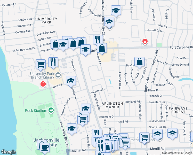 map of restaurants, bars, coffee shops, grocery stores, and more near 5902 Wentworth Circle South in Jacksonville