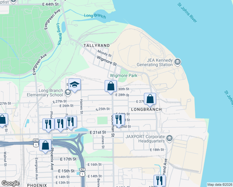 map of restaurants, bars, coffee shops, grocery stores, and more near 1623 East 27th Street in Jacksonville