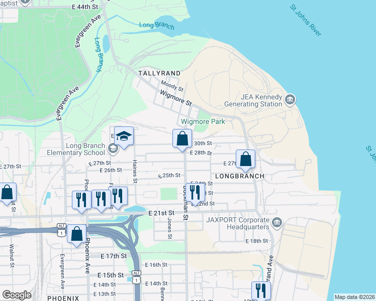 map of restaurants, bars, coffee shops, grocery stores, and more near 1623 East 27th Street in Jacksonville