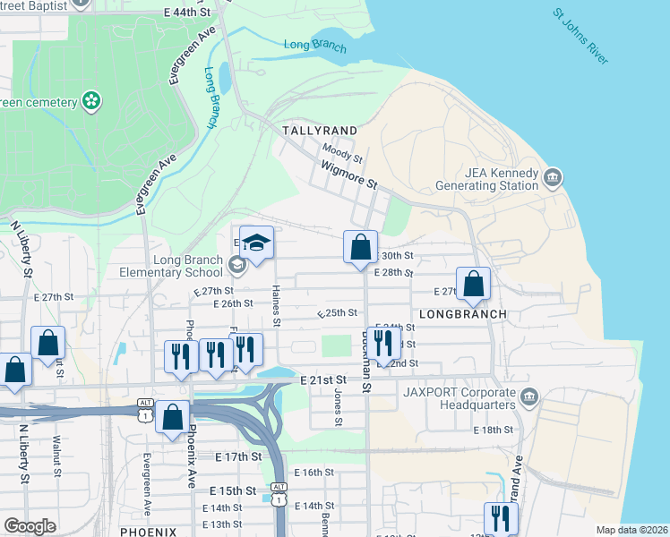 map of restaurants, bars, coffee shops, grocery stores, and more near 1521 East 27th Street in Jacksonville