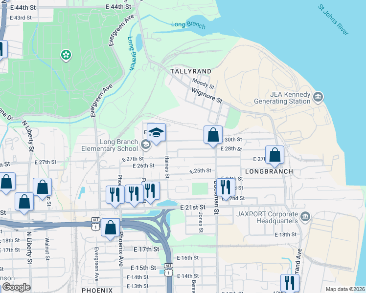 map of restaurants, bars, coffee shops, grocery stores, and more near 1441 East 27th Street in Jacksonville