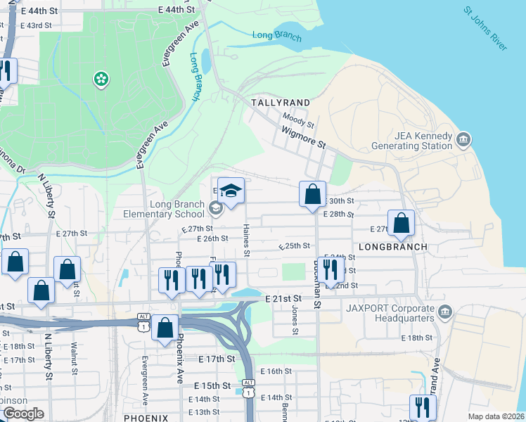 map of restaurants, bars, coffee shops, grocery stores, and more near 1441 East 27th Street in Jacksonville