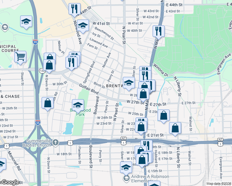 map of restaurants, bars, coffee shops, grocery stores, and more near 333 Golfair Boulevard in Jacksonville