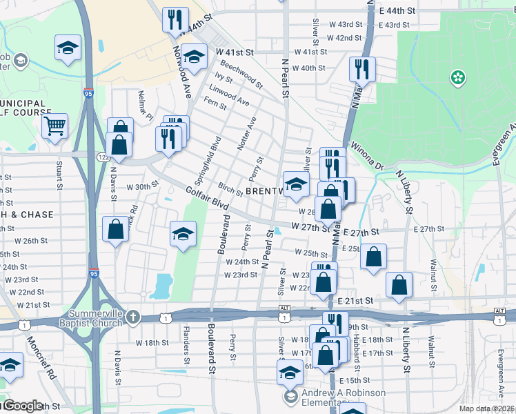 map of restaurants, bars, coffee shops, grocery stores, and more near 333 Golfair Boulevard in Jacksonville