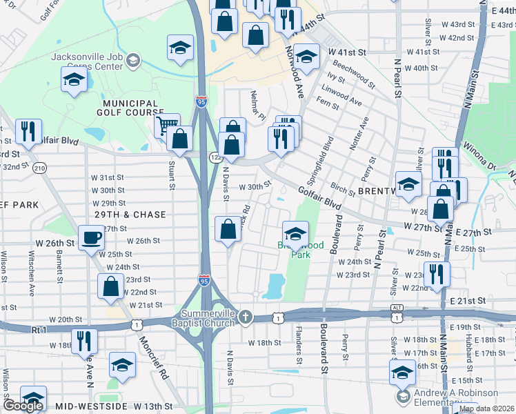 map of restaurants, bars, coffee shops, grocery stores, and more near 3656 Wood Creek Lane in Jacksonville