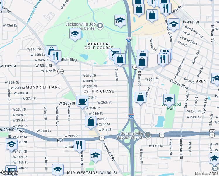 map of restaurants, bars, coffee shops, grocery stores, and more near 1130 West 28th Street in Jacksonville