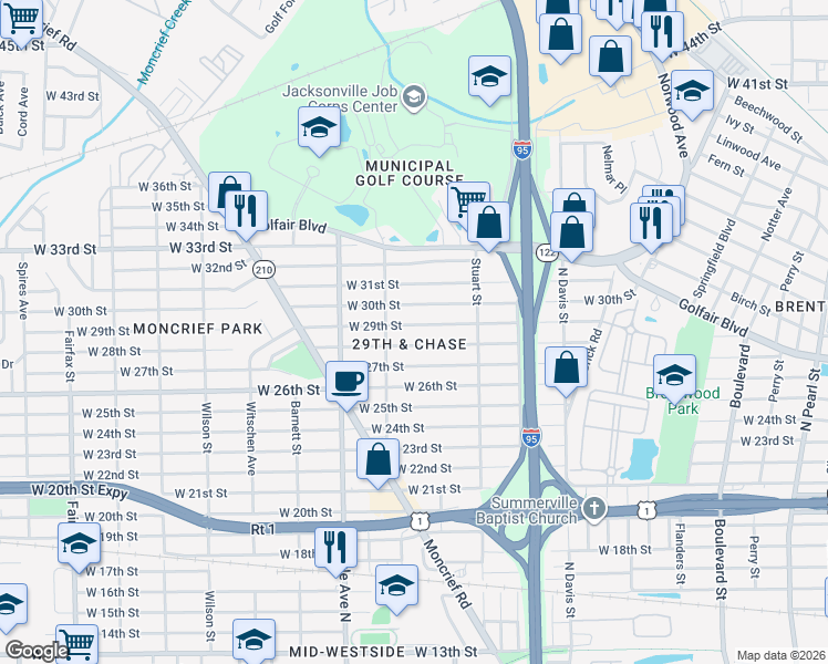map of restaurants, bars, coffee shops, grocery stores, and more near in Jacksonville