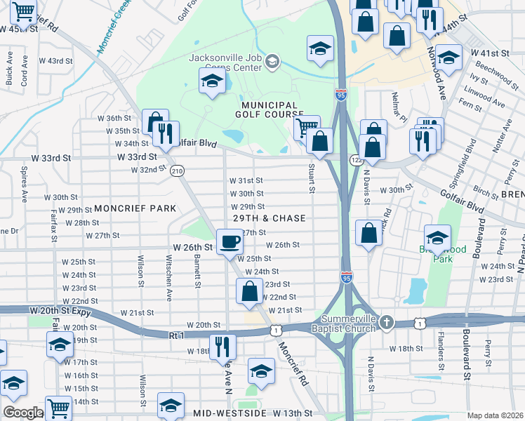 map of restaurants, bars, coffee shops, grocery stores, and more near in Jacksonville