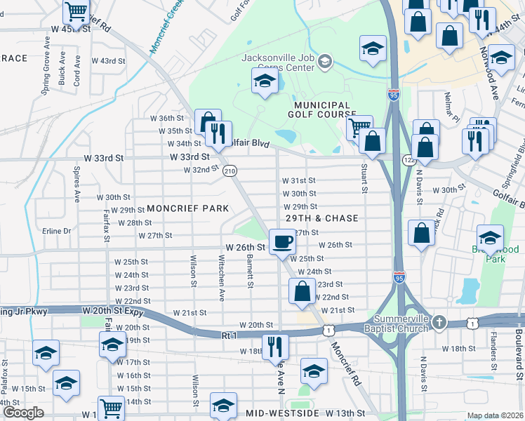 map of restaurants, bars, coffee shops, grocery stores, and more near 1312 West 28th Street in Jacksonville