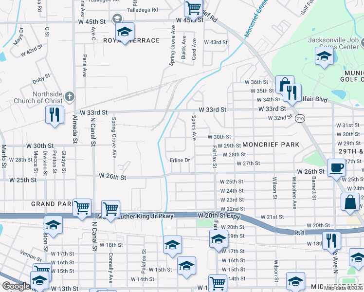 map of restaurants, bars, coffee shops, grocery stores, and more near 1964 Leonard Circle West in Jacksonville
