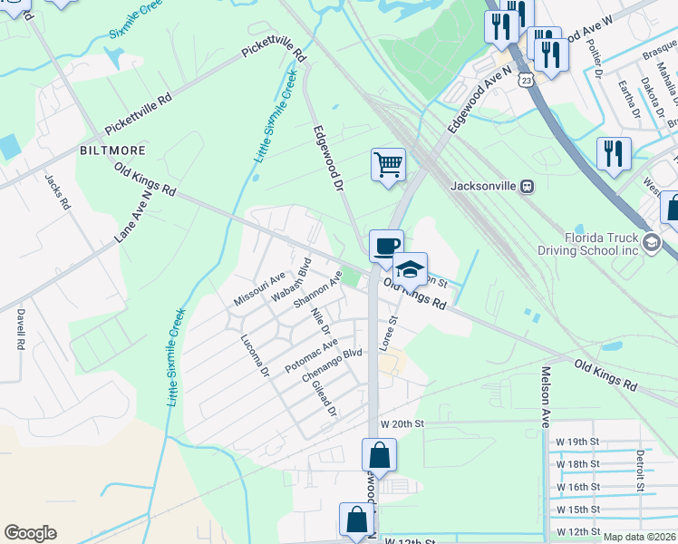map of restaurants, bars, coffee shops, grocery stores, and more near 5133 Shannon Avenue in Jacksonville