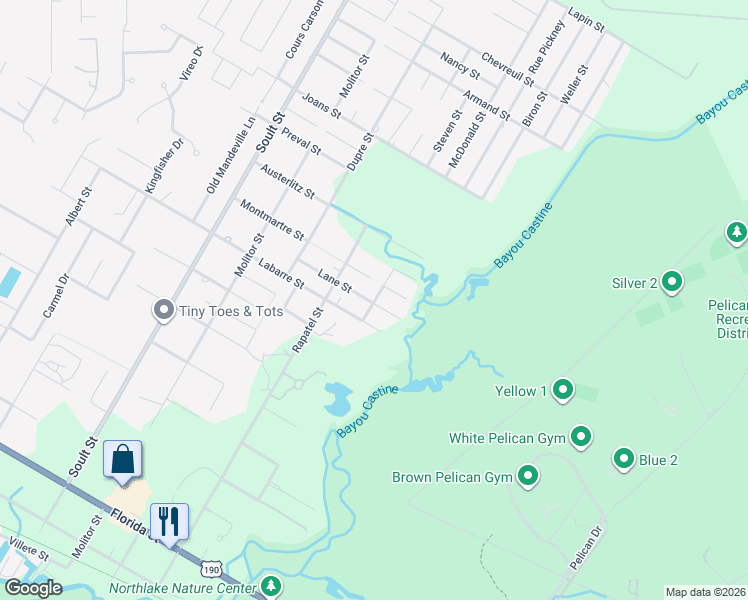 map of restaurants, bars, coffee shops, grocery stores, and more near 558 Lane Street in Mandeville