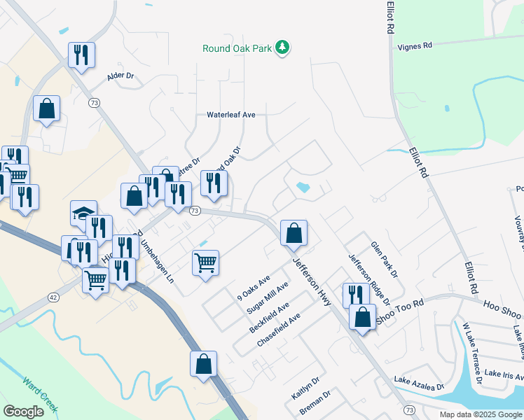 map of restaurants, bars, coffee shops, grocery stores, and more near 17444 Jefferson Highway in Baton Rouge