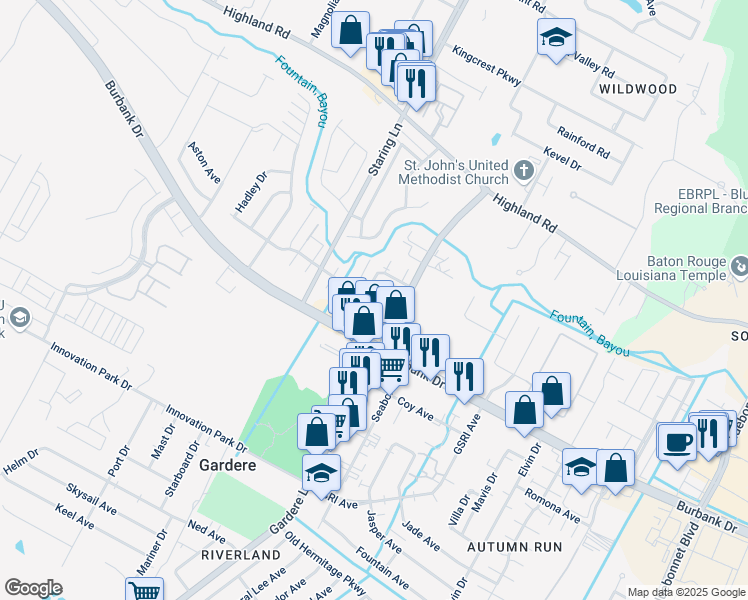map of restaurants, bars, coffee shops, grocery stores, and more near 704 Gardere Lane in Baton Rouge