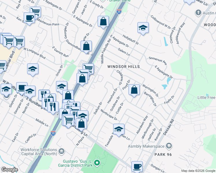 map of restaurants, bars, coffee shops, grocery stores, and more near 9806 Dallum Drive in Austin