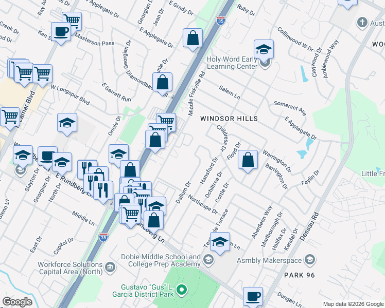 map of restaurants, bars, coffee shops, grocery stores, and more near 9806 Dallum Drive in Austin
